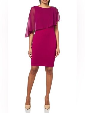 NWT Jessica Howard Sleeveless Chiffon Caped Sheath Midi Dress ‘Berry’ Size 10